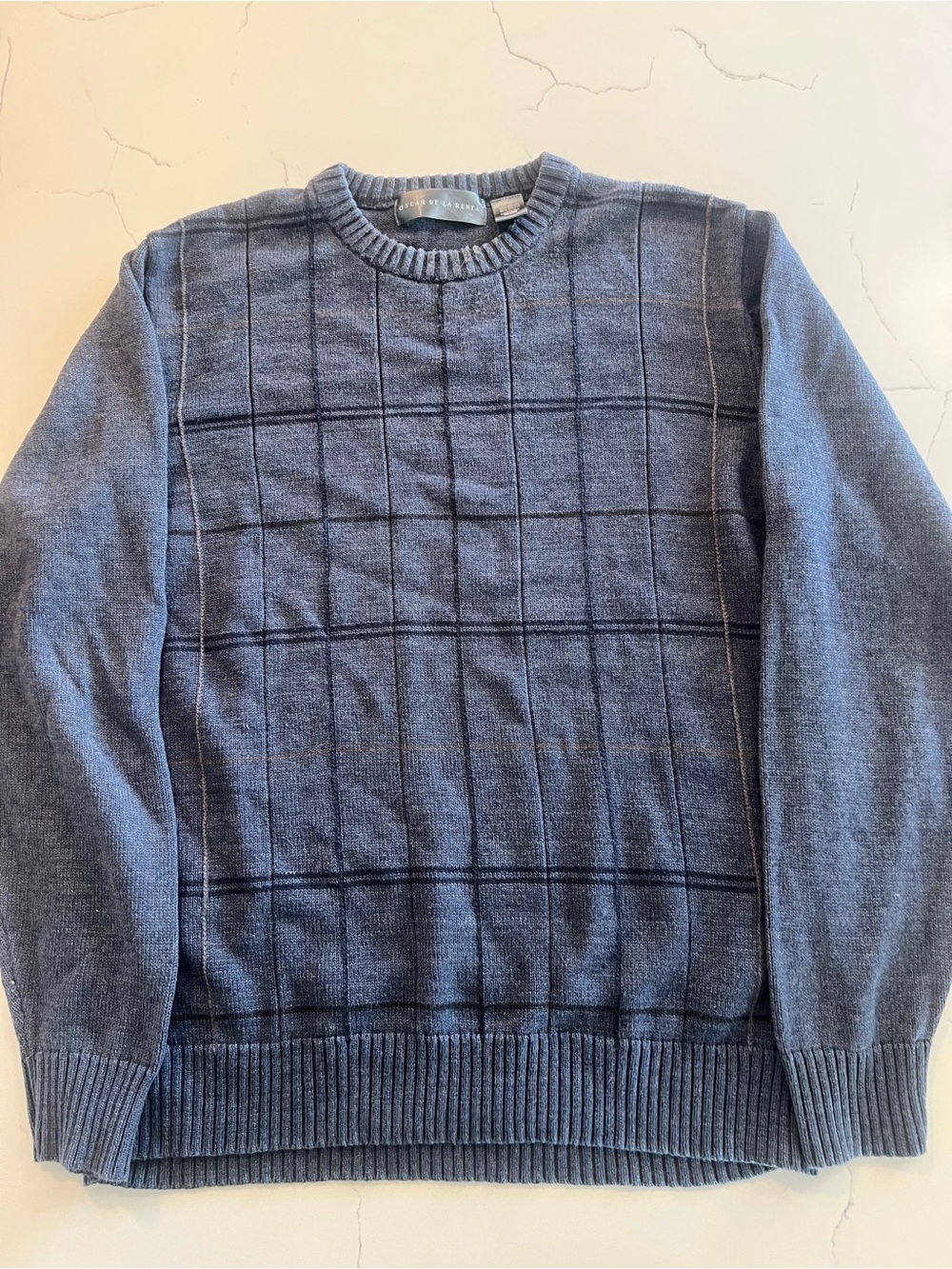 Oscar de la Renta Blue Grid Crewneck Sweater